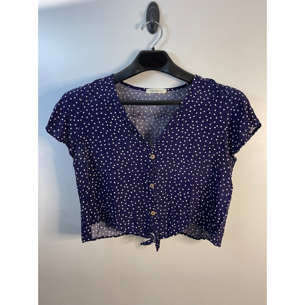 Herinbe tu Girls Navy Blue Polka Dot Tie Front Crop Top Button Up Blouse Large